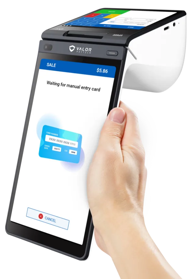 Valor VP800 payment terminal held in hand showing its dual-screen hardware